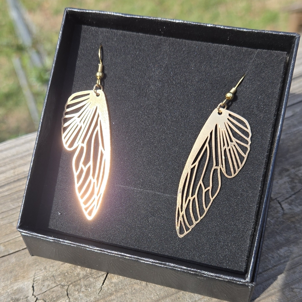 Whimsical Gold Cicada Wing Hook Earrings Insect Bug